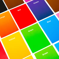Colourful cards with labeled colors in a grid layout.