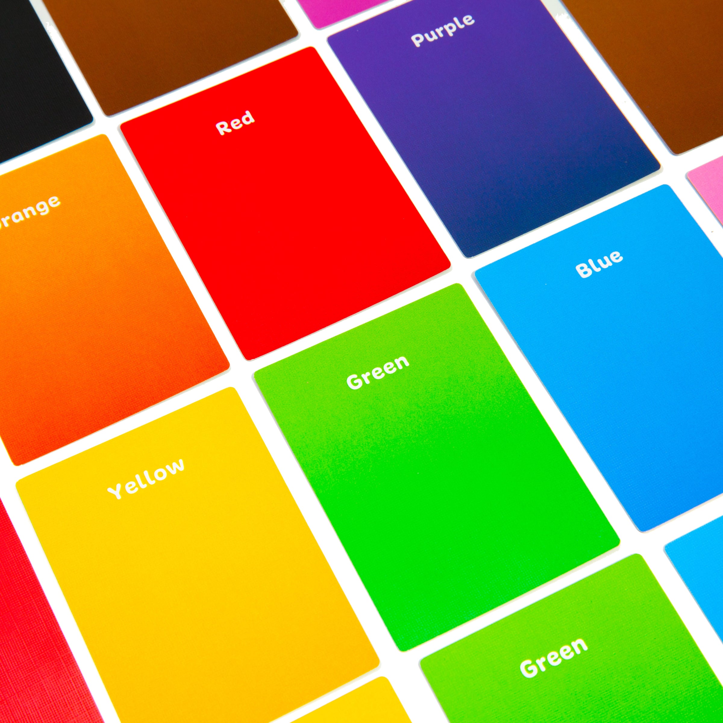 Colourful cards with labeled colors in a grid layout.