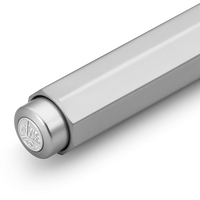 A close-up of a silver metal pen with a circular brand emblem embossed on the end cap, set against a clean white background.