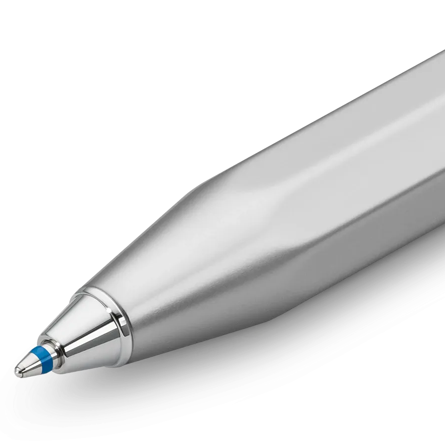 A close-up of a sleek, metallic silver ballpoint pen with a blue accent ring near the tip, set against a clean white background.