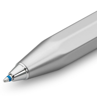 A close-up of a sleek, metallic silver ballpoint pen with a blue accent ring near the tip, set against a clean white background.