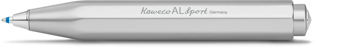 A sleek, metallic silver Kaweco AL Sport ballpoint pen with blue and white tip accents, featuring the Kaweco brand name printed on the side, set against a clean white background