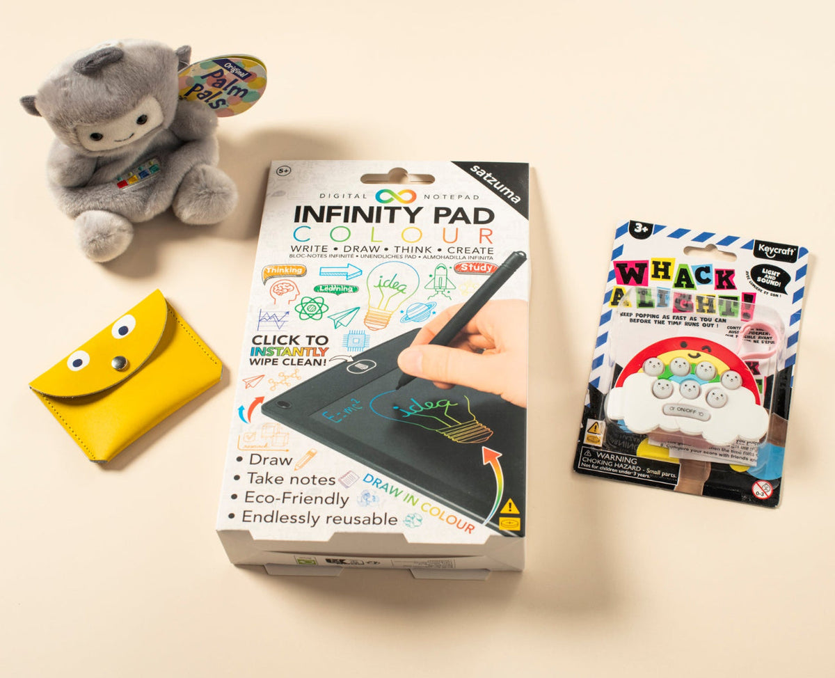 A collection of kids toys including a plush robot, an infinity pad, a whack a light game and a yellow googly eye purse.