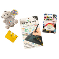 A collection of kids toys including a plush robot, an infinity pad, a whack a light game and a yellow googly eye purse.