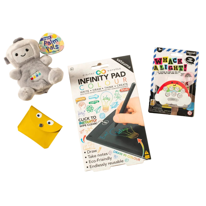 A collection of kids toys including a plush robot, an infinity pad, a whack a light game and a yellow googly eye purse.