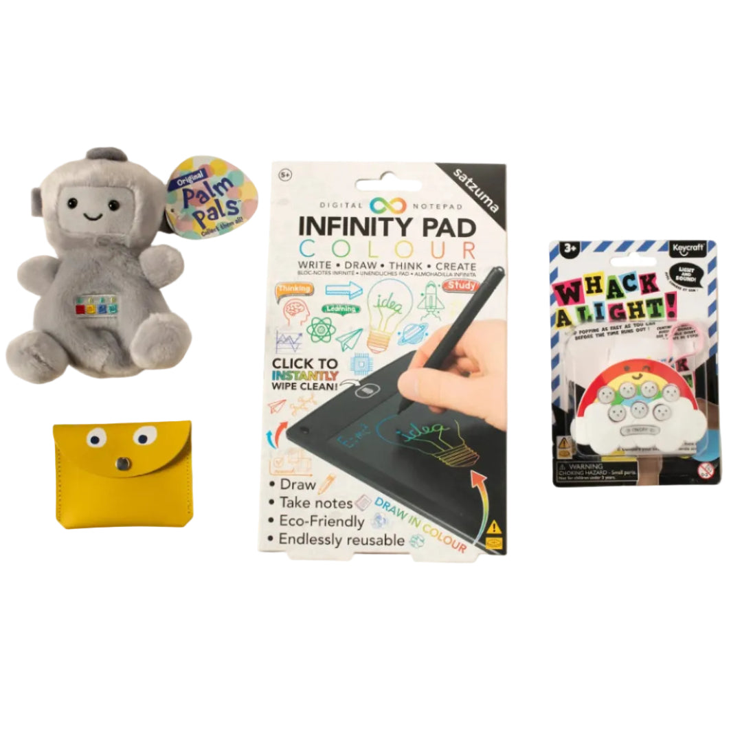 A collection of kids toys including a plush robot, an infinity pad, a whack a light game and a yellow googly eye purse.