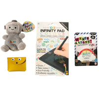 A collection of kids toys including a plush robot, an infinity pad, a whack a light game and a yellow googly eye purse.