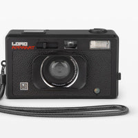 Black Lomo camera with a strap on a white background
