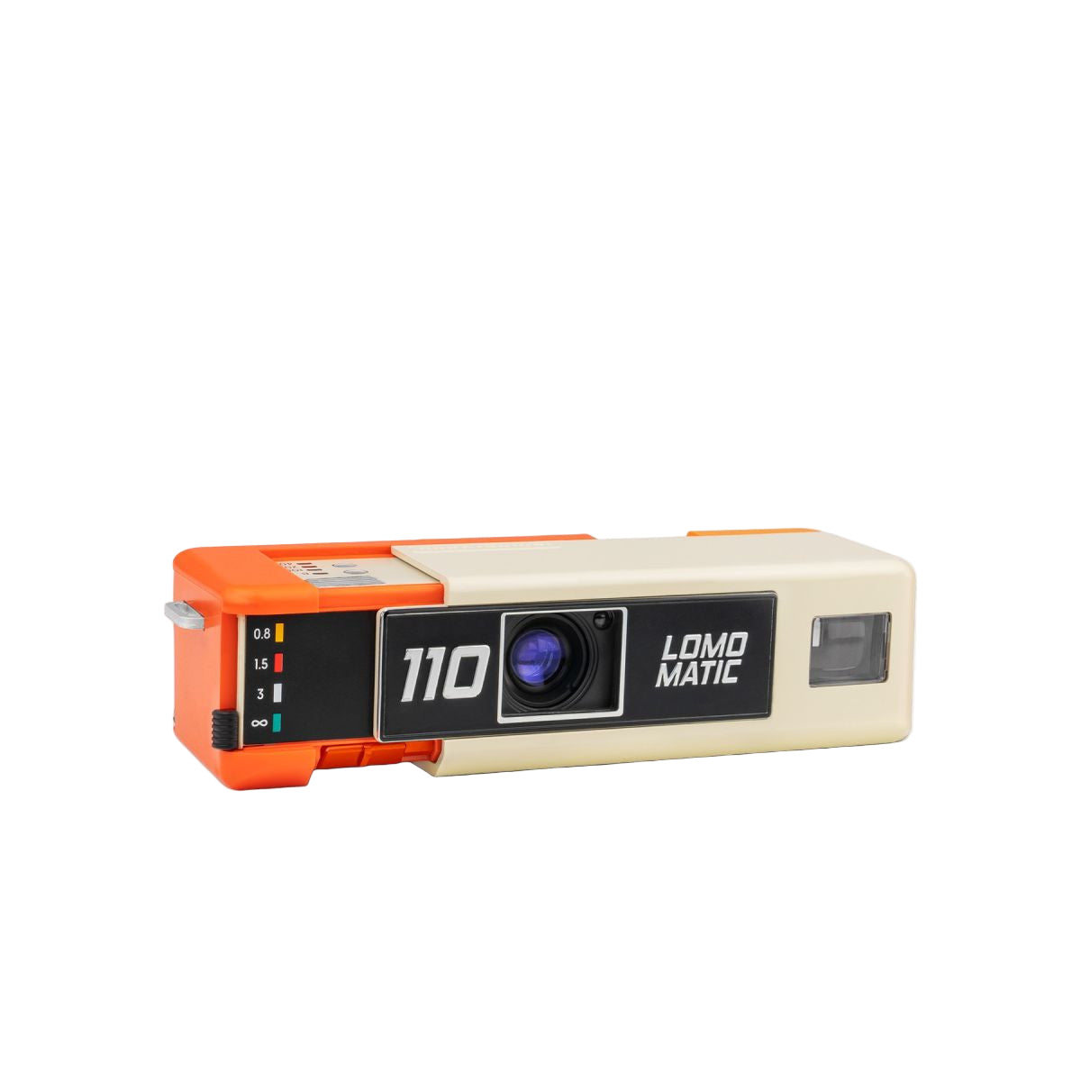 Orange vintage-style compact camera with 'Lomo Matic' branding on a white background