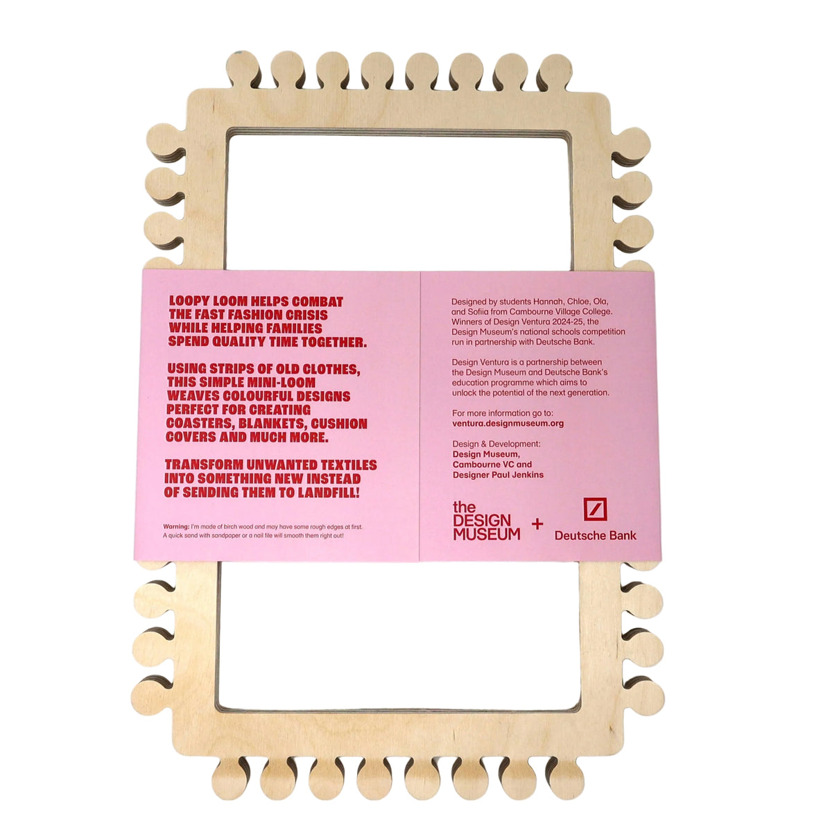 Wooden frame with pink label on a white background