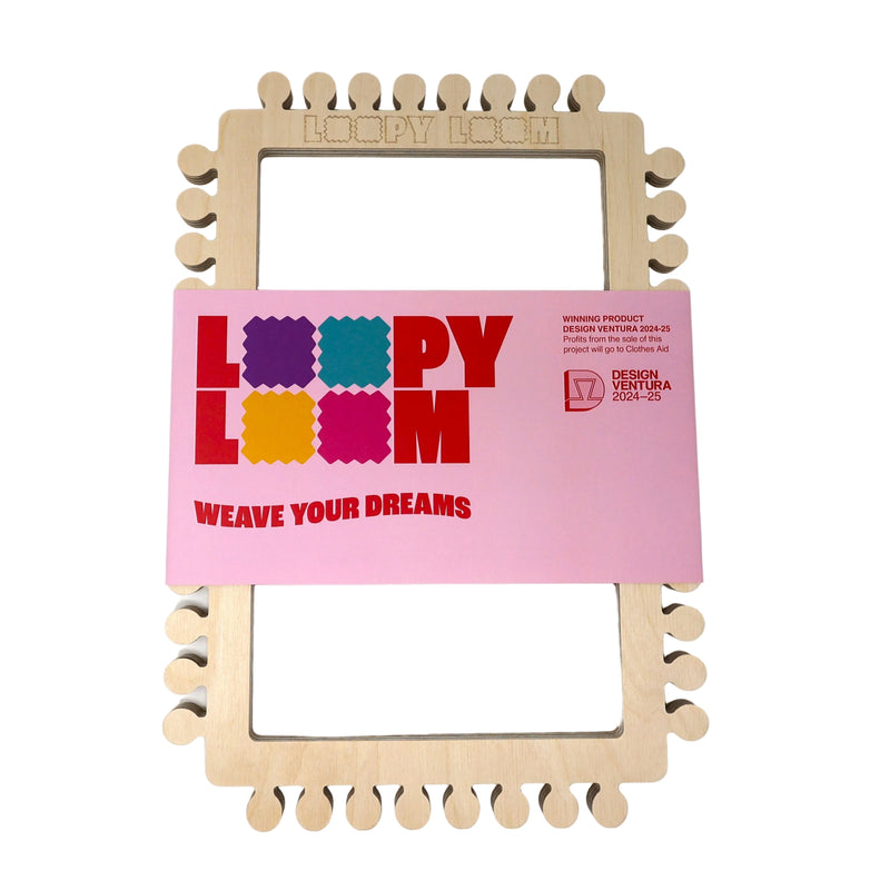 Wooden loopy loom with pink banner on a white background