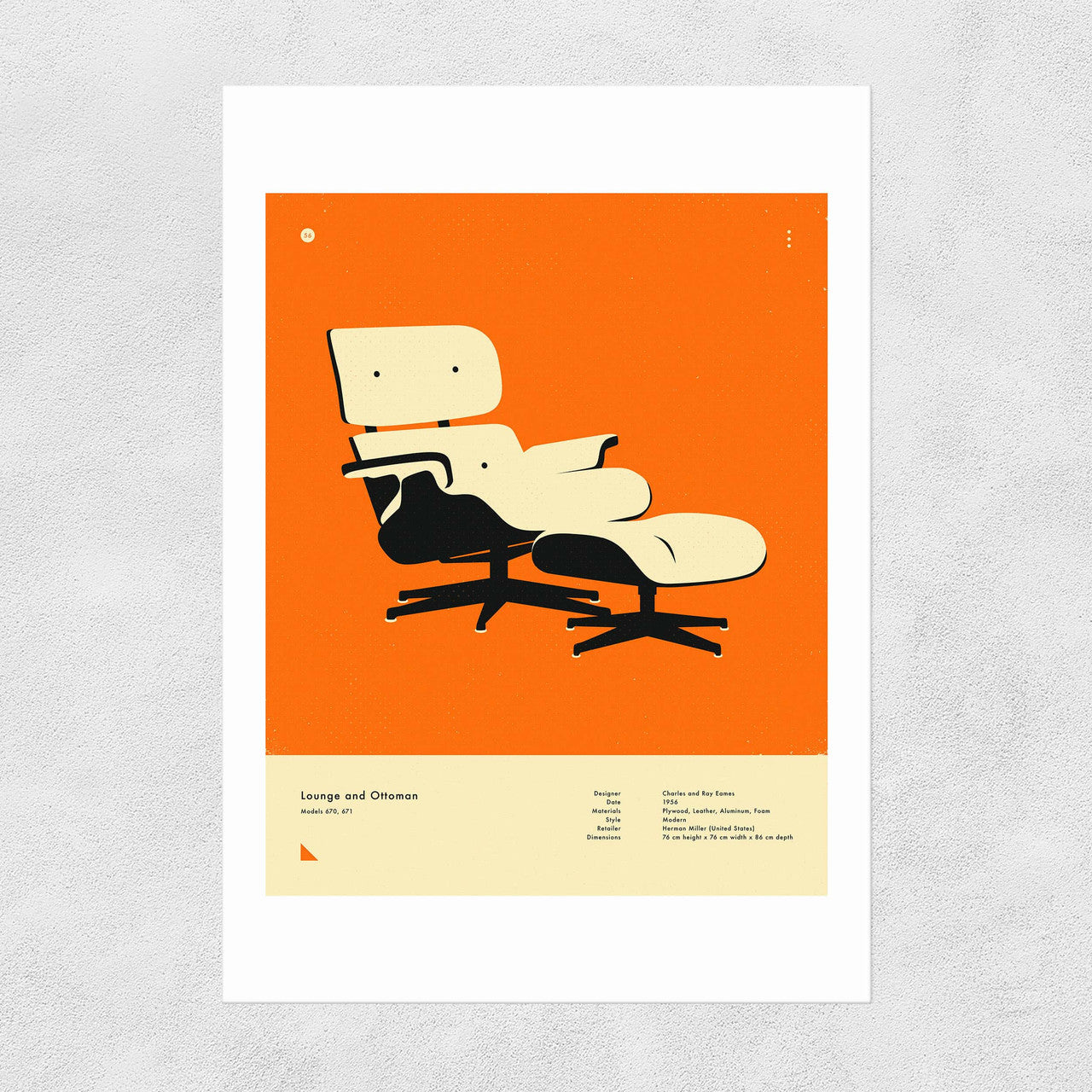 A print of a black and yellow lounge chair on an orange background in a minimalistic style.