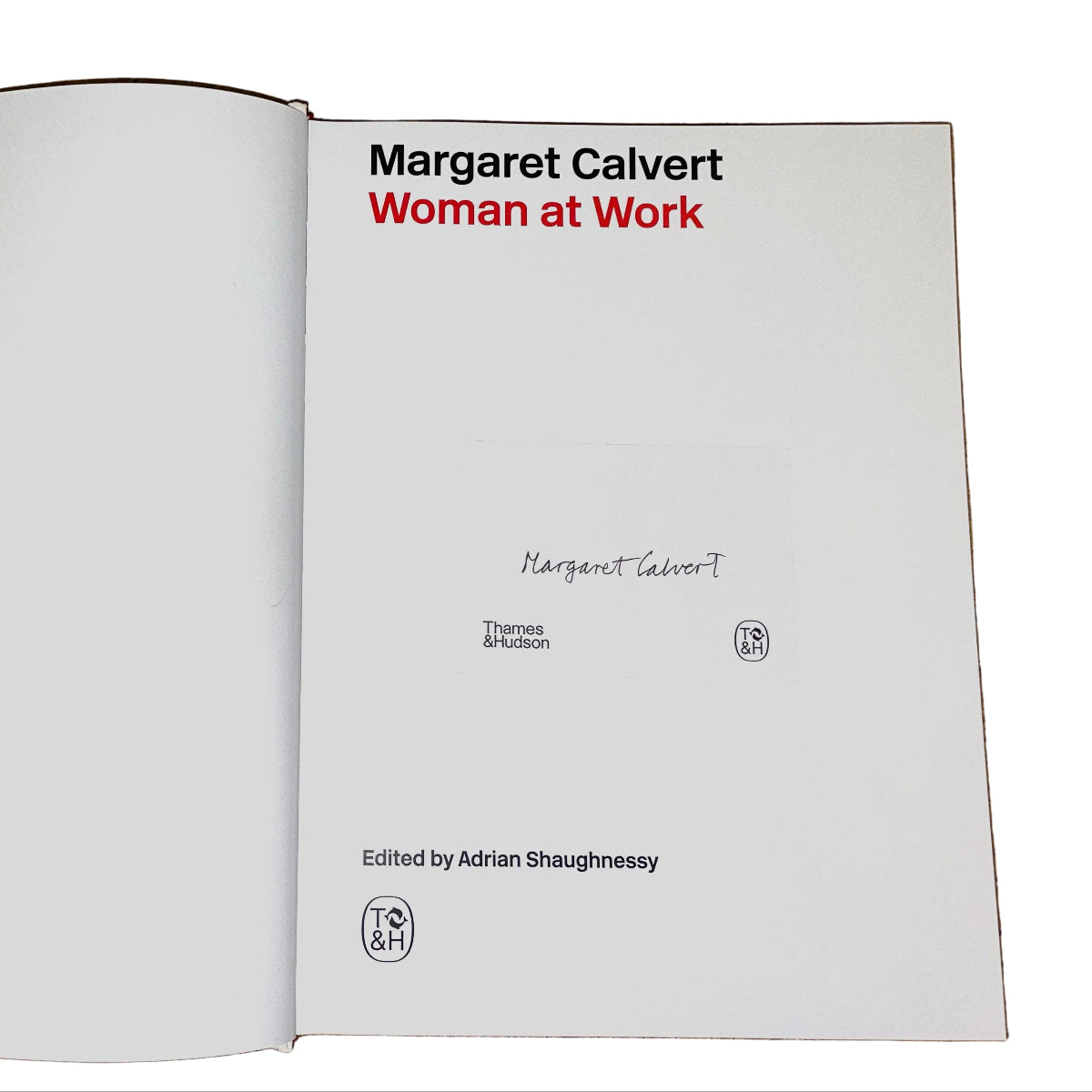 Open page of 'Margaret Calvert Woman at Work' featuring the artists' signature on a white background