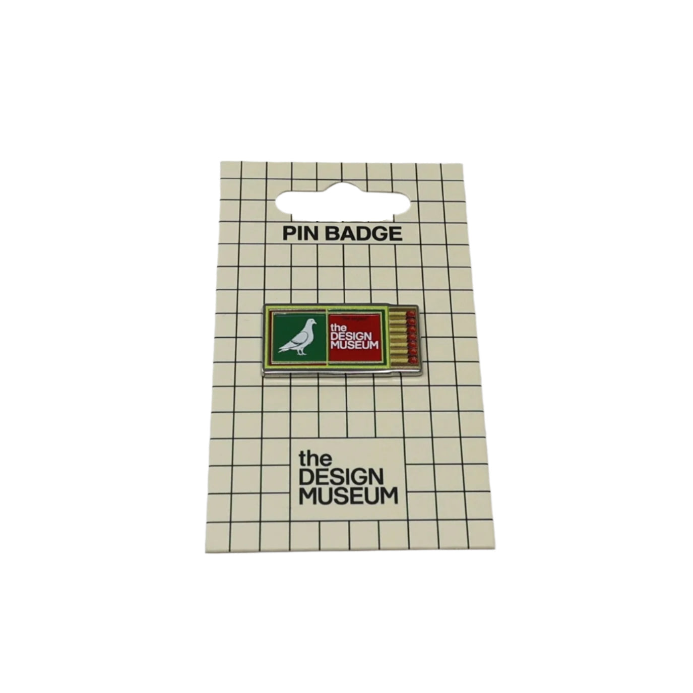 matchbox pin badge on a checkered card packaging 