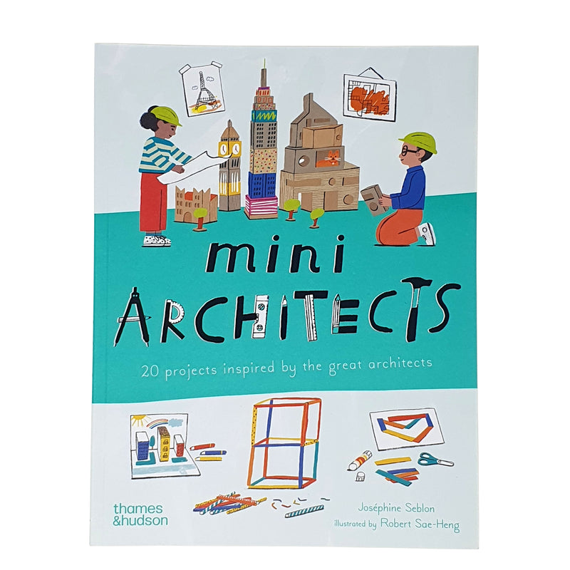 Book cover of 'mini Architects' with illustrations of children building with blocks and architectural models on a light blue background. 