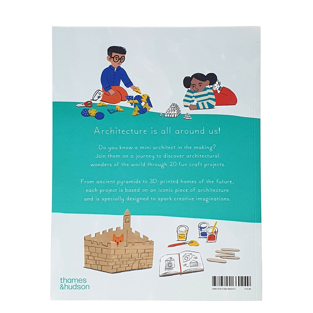 Back cover of 'mini Architects' with illustrations of children building with blocks and architectural models on a light blue background. 
