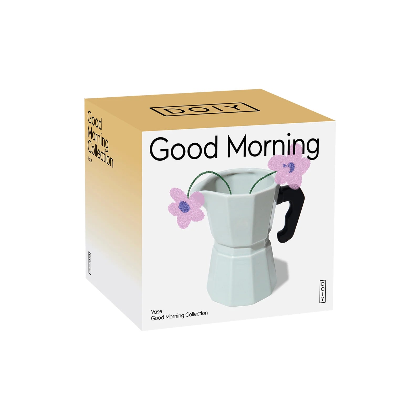 Product packaging for a coffee pot shaped vase on a white background