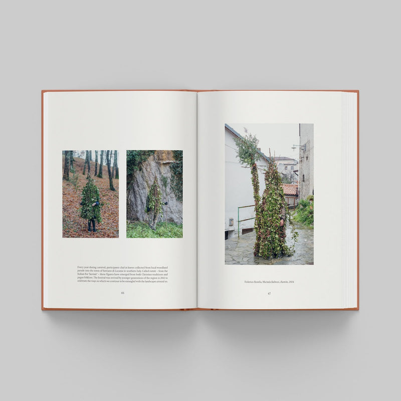 Open book showing images of trees and a building on a gray background