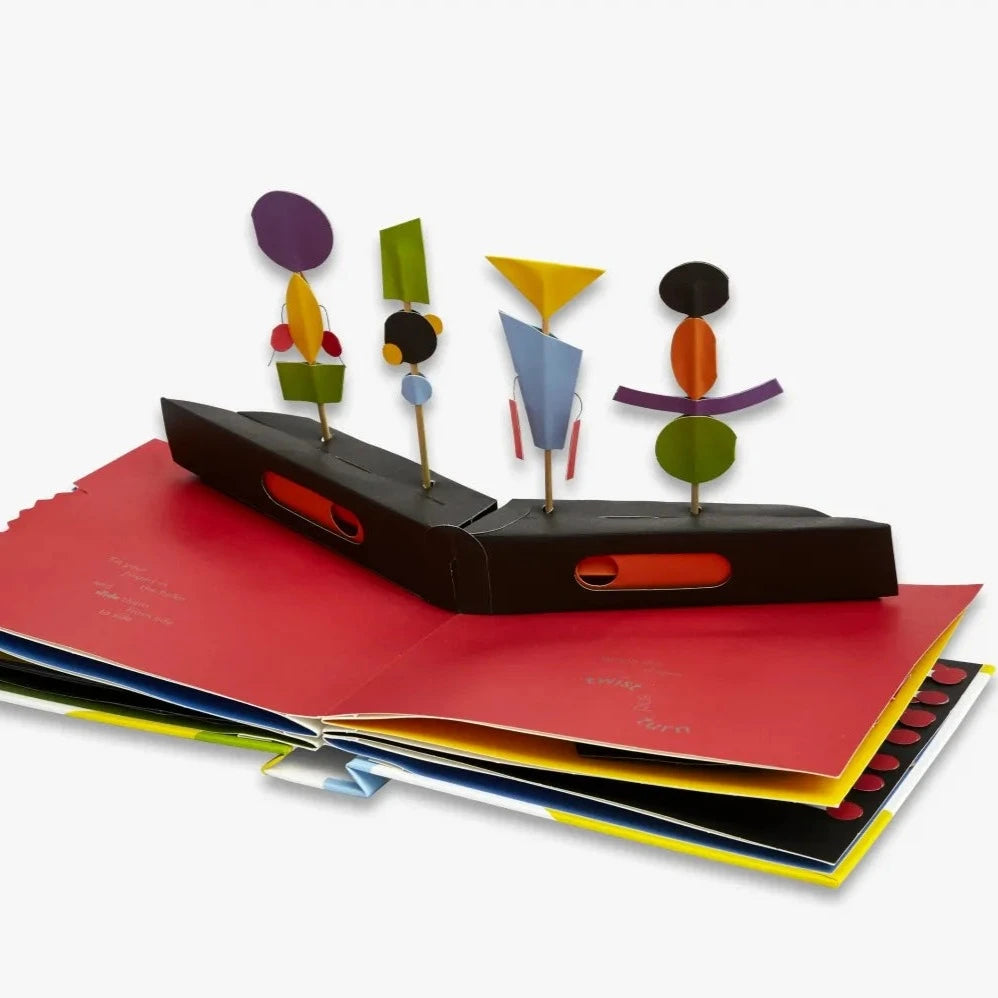 The inside of Move! Pop-Up book featuring a red page with multicoloured pop-up elements.
