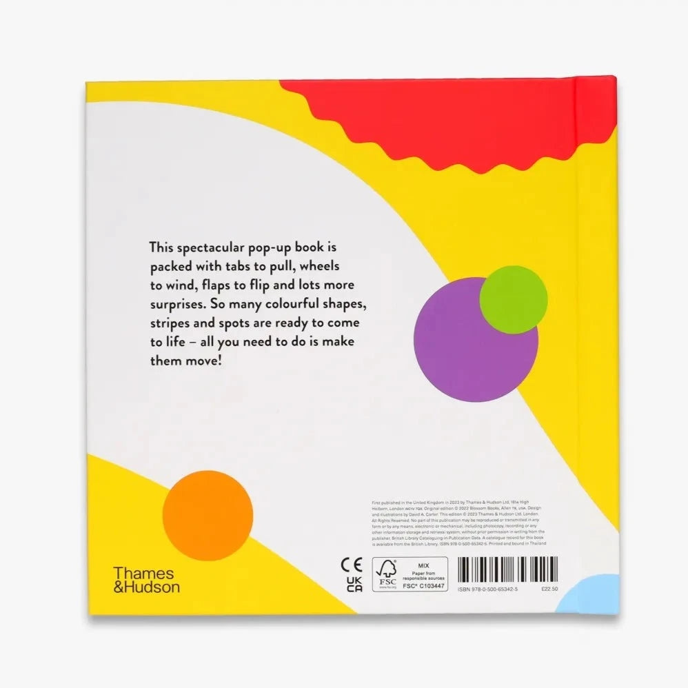The back cover of Move! pop-up book featuring the blurb in black text on a white and yellow background with colourful shapes.