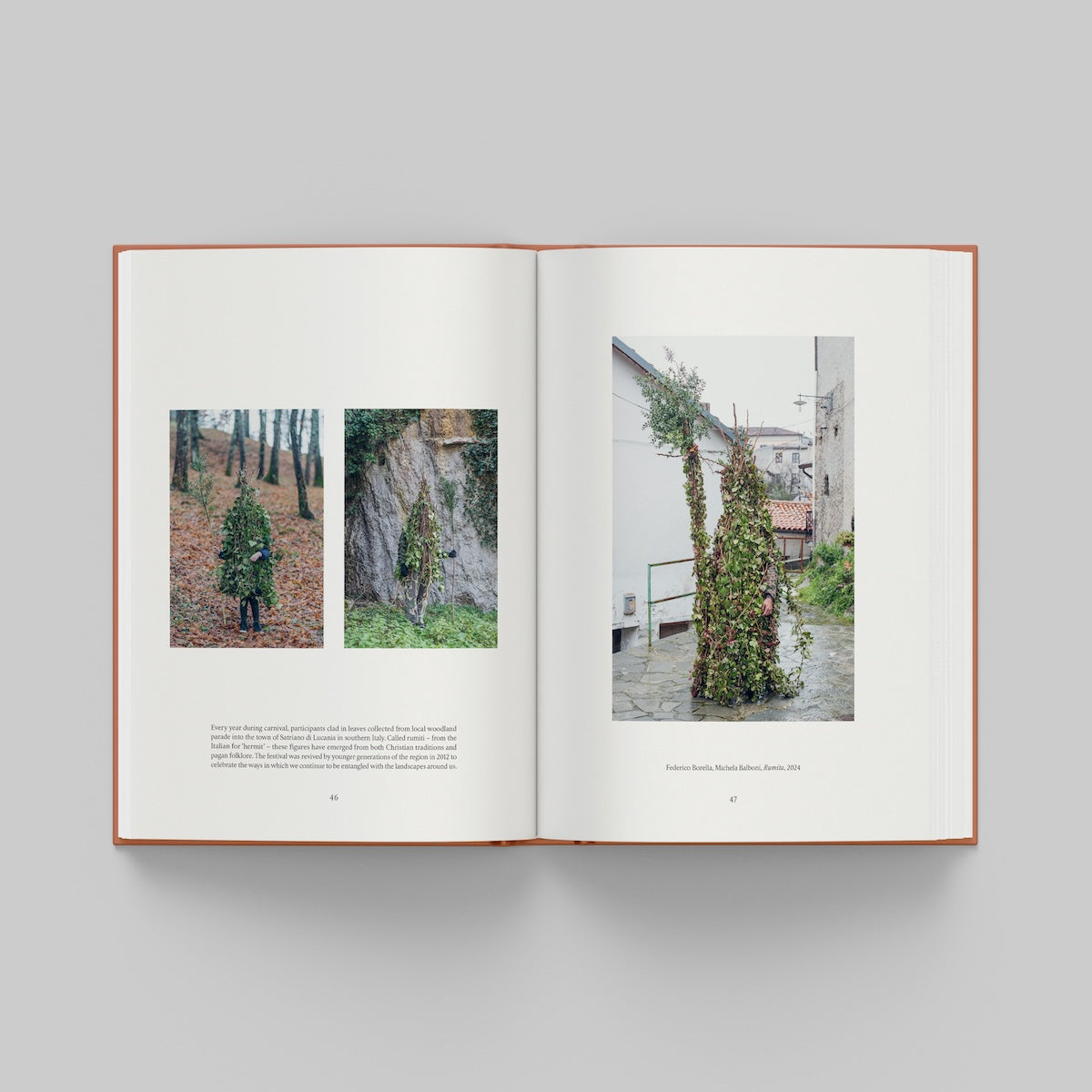 Open page of More Than Human catalogue featuring photos of people dressed in leaves.