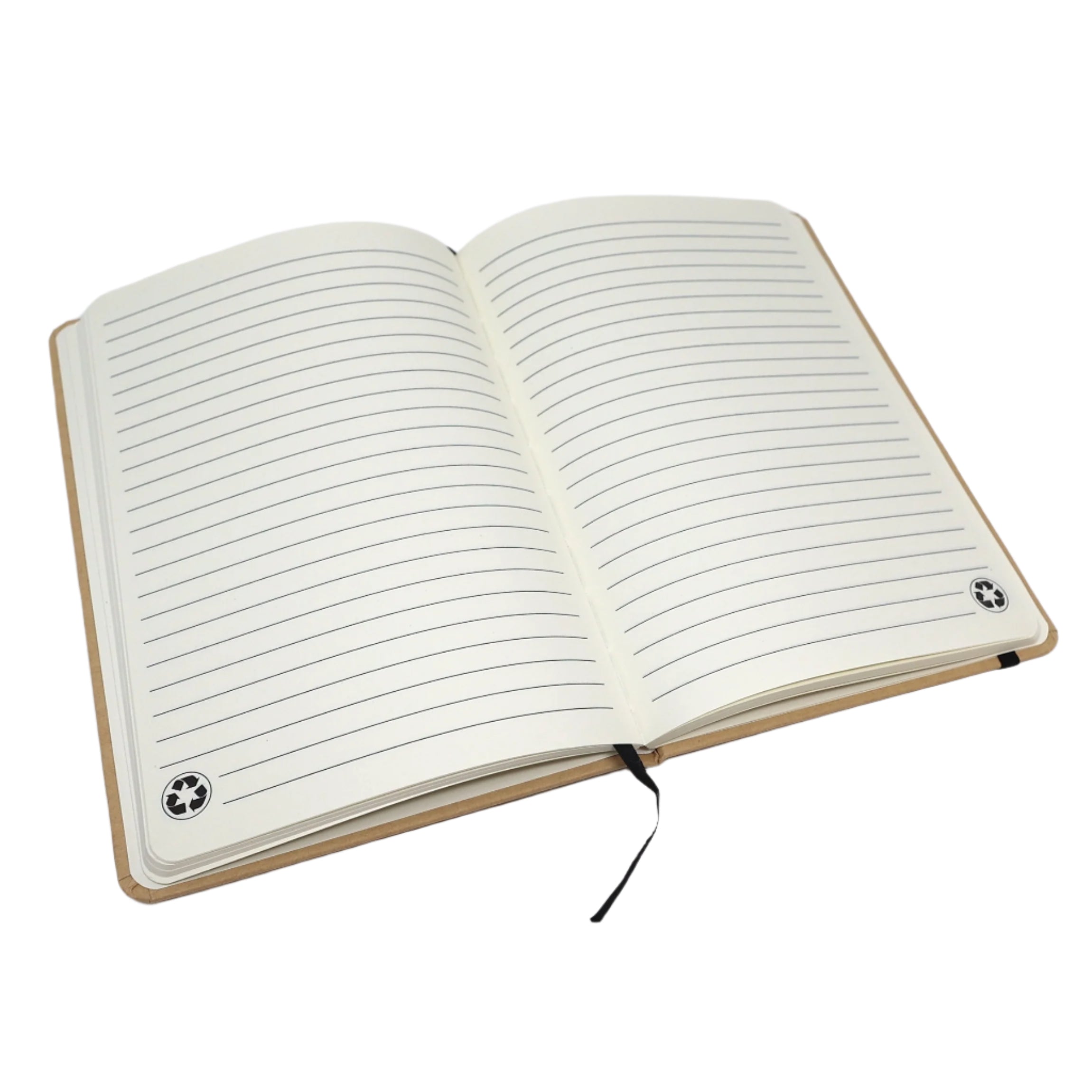 Open notebook with lined pages on a white background