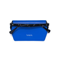 Blue glasses case with black glasses inside on a white background