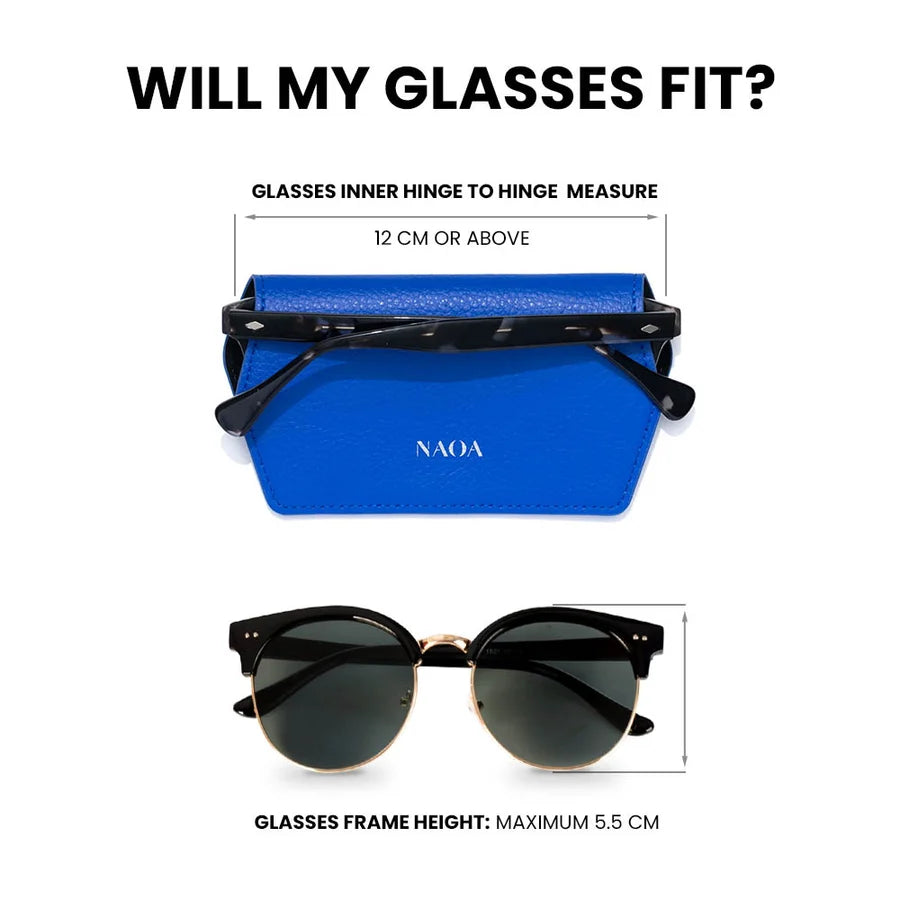 A sizing guide graphic for NAOA sunglasses case showing measurements on a white background.