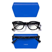 Black eyeglasses with blue glasses cases on a white background