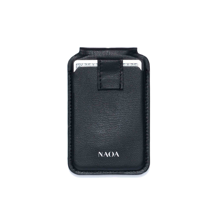 Black vegan leather wallet with 'NAOA' branding on a white background
