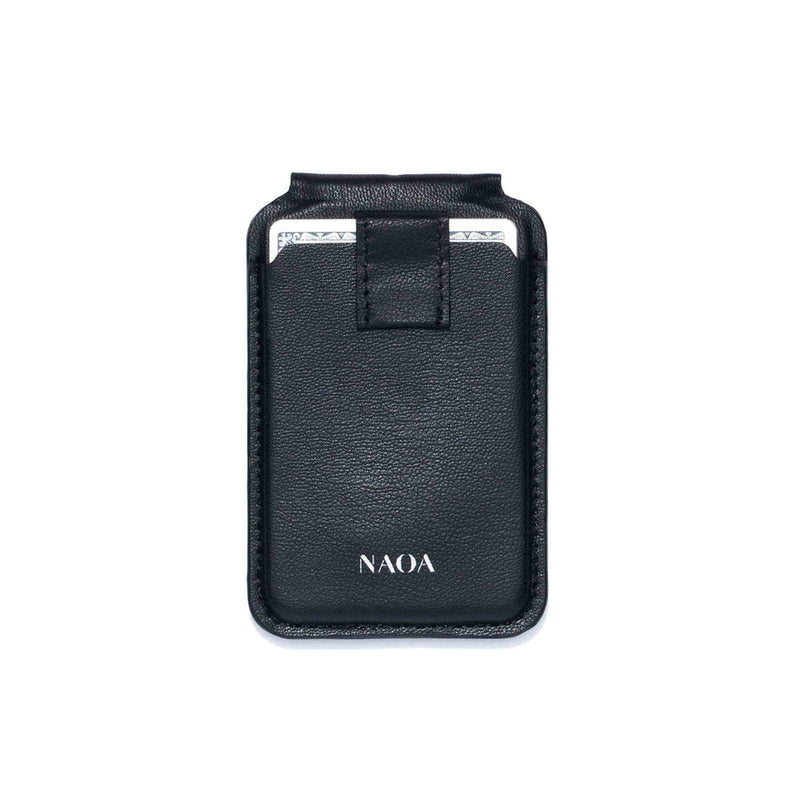 Black vegan leather wallet with 'NAOA' branding on a white background