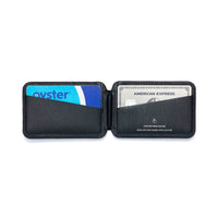 Black wallet with cards inside on a white background
