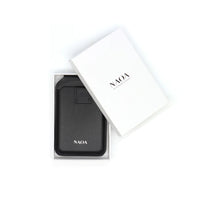 A black wallet with a small strap detail, shown in its white box next to its white lid, both featuring the NAOA logo.