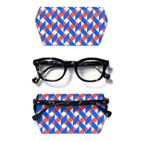 Black tortoiseshell eyeglasses shown with a matching geometric patterned case on a white background. 