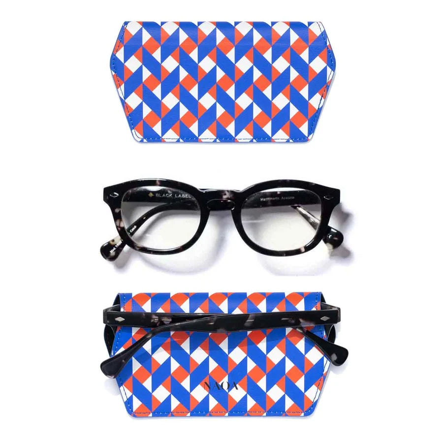 Black tortoiseshell eyeglasses shown with a matching geometric patterned case on a white background. 