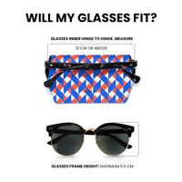 A sizing guide graphic for NAOA sunglasses case showing measurements on a white background.