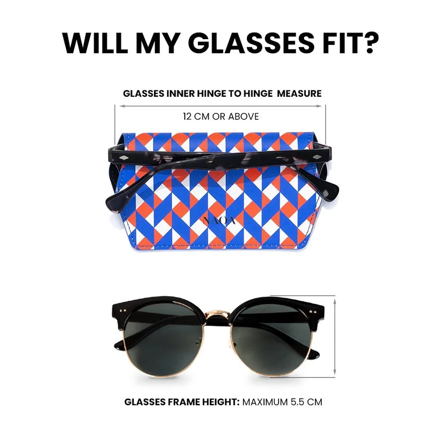 A sizing guide graphic for NAOA sunglasses case showing measurements on a white background.