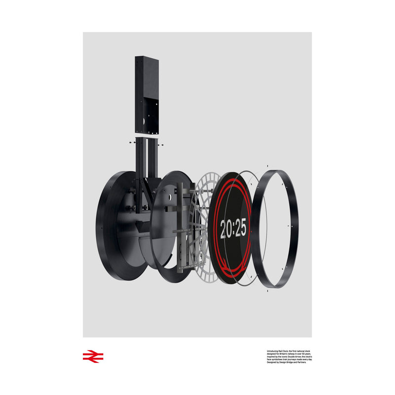Technical diagram of a clock mechanism on a white background with a visible brand logo.