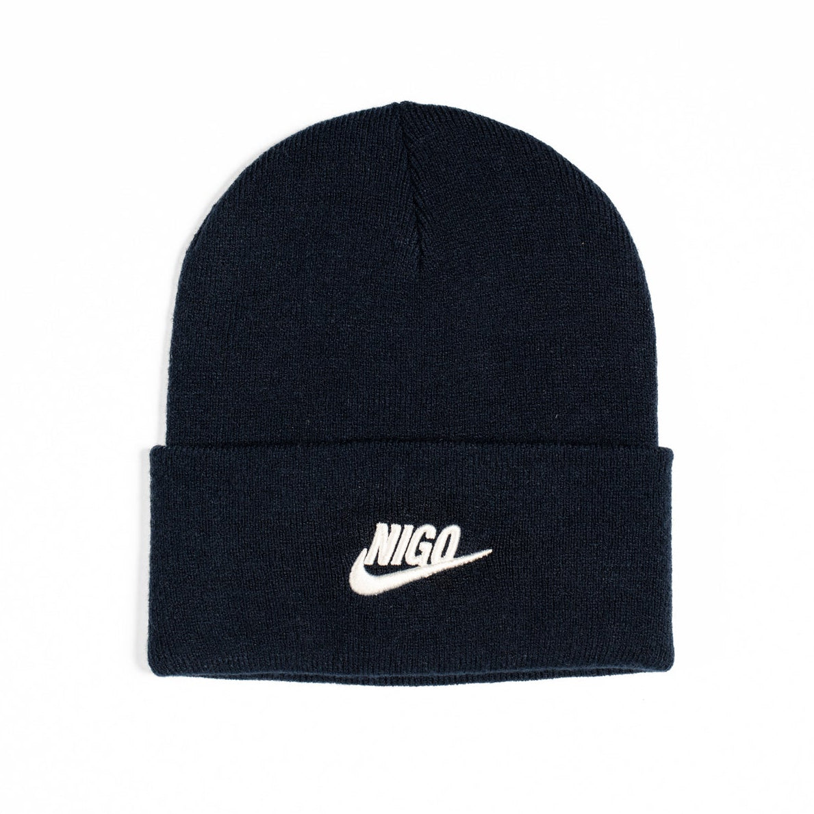Black beanie with a white logo on a white background