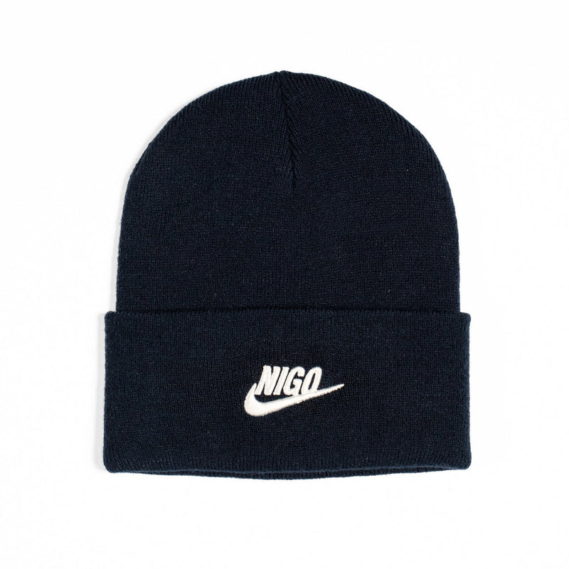 Black beanie with a white logo on a white background