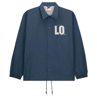 Navy blue jacket with 'LO' logo on a light gray background