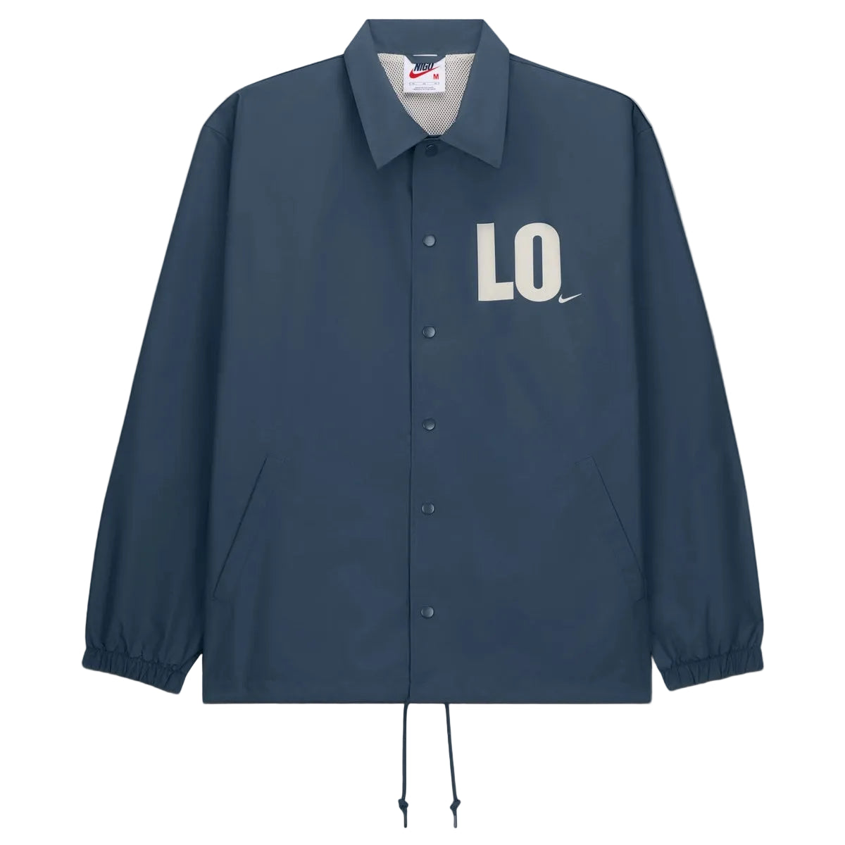 Navy blue jacket with 'LO' logo on a light gray background