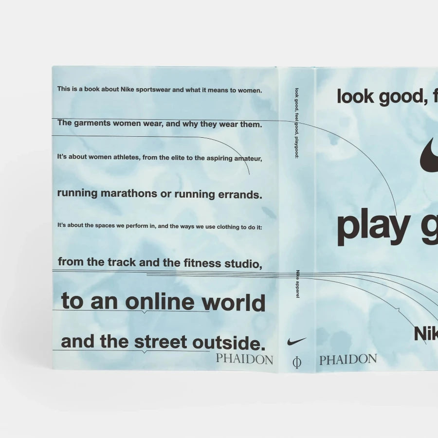Back cover of Nike apparel book with a light blue cover and lines of text.