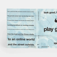 Back cover of Nike apparel book with a light blue cover and lines of text.