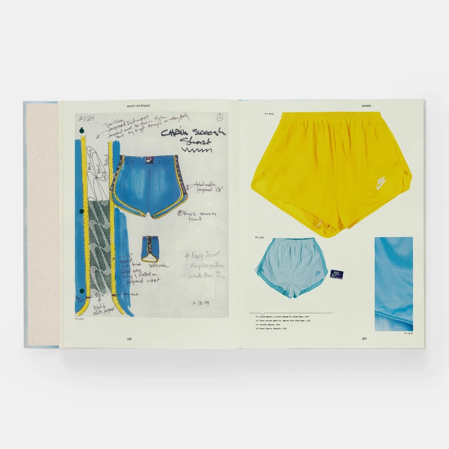 Open page of Nike Apparel book featuring photos and sketches of blue and yellow Nike shorts.