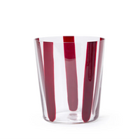 Conran Shop real Christal thin transparent tumbler glass cup with some hand painted burgundy stripes on white background