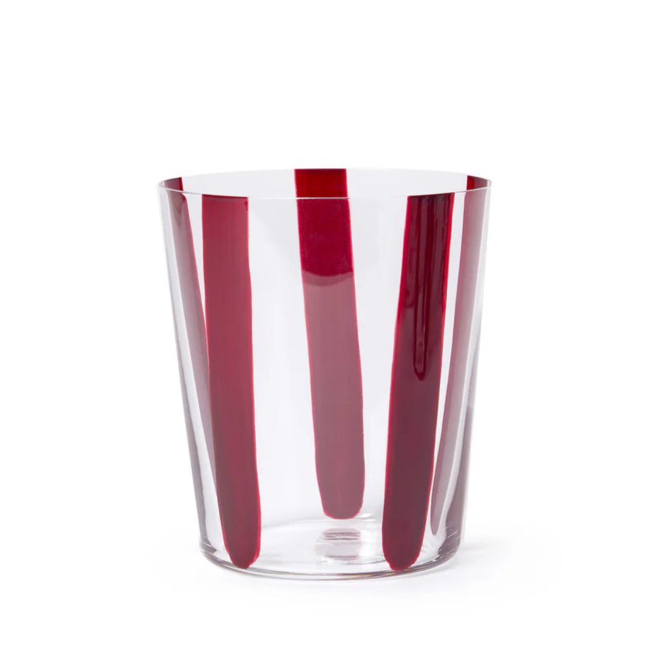 Conran Shop real Christal thin transparent tumbler glass cup with some hand painted burgundy stripes on white background