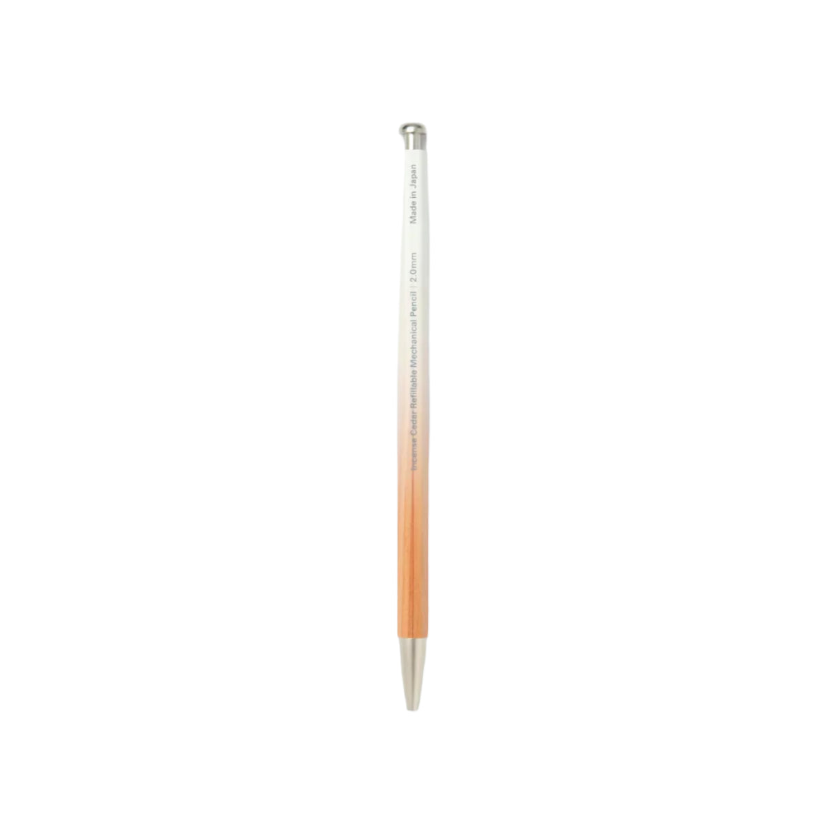A mechanical pencil with a white and orange gradient body and a silver tip