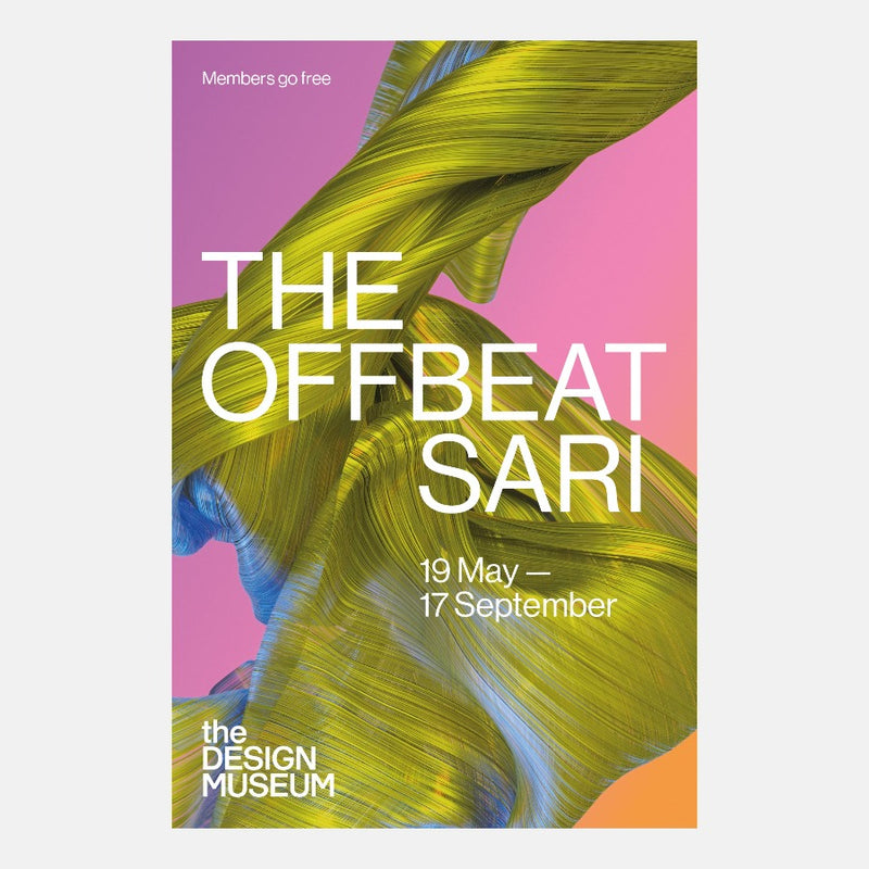 An exhibition poster titled 'The Offbeat Sari' showcasing a close-up of fabric with vibrant colors, predominantly pink and green, with white text displaying the event details and venue.
