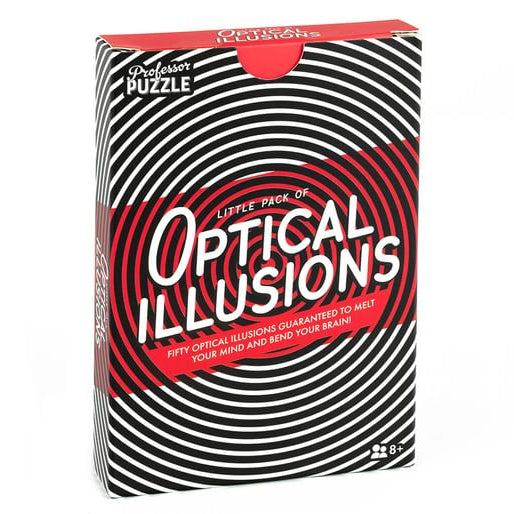 Box of 'Little Pack of Optical Illusions' by Professor Puzzle with black and red design optical illusion design.